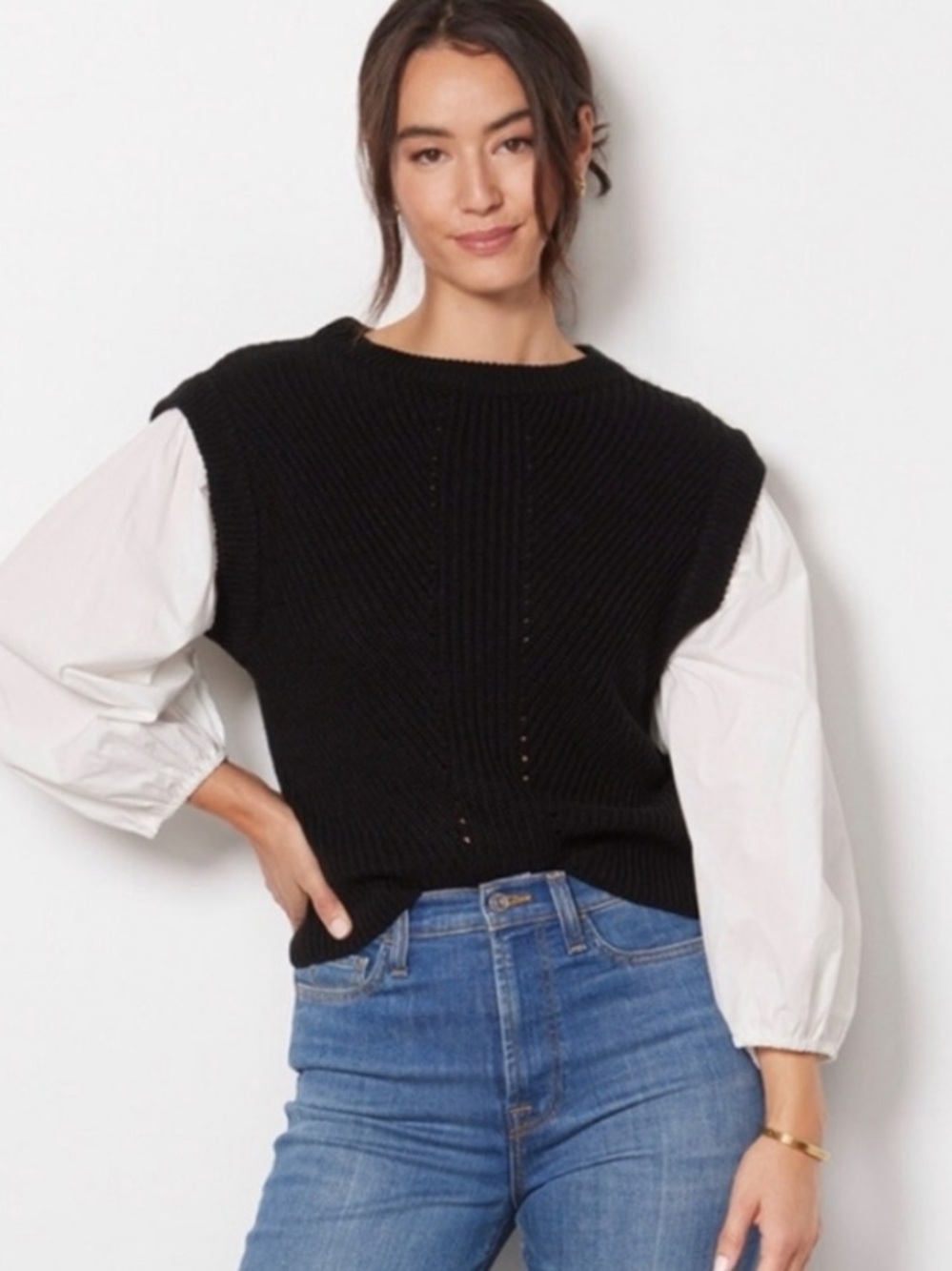 Sanctuary 2-in-1 black knit sweater and blouse. One piece. Size medium.